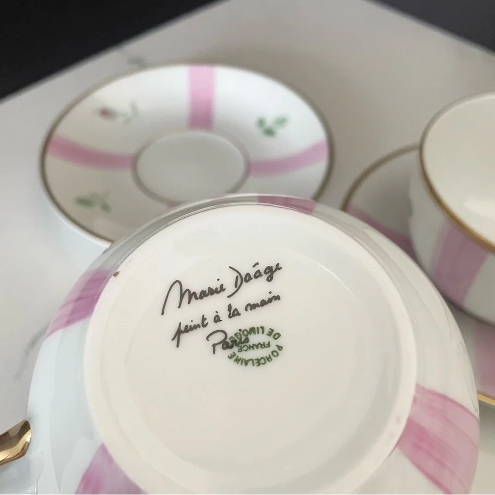 SET of 2 Pink Rose Breakfast Cups & Saucers - Marie Daage Limoges